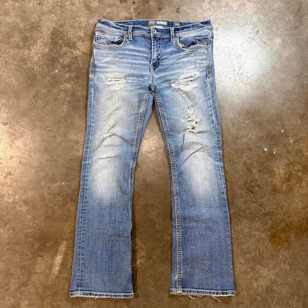 BKE Fulton Light Wash Distressed Bootcut Jeans Mens 34x30 Blue Y2K Distressed